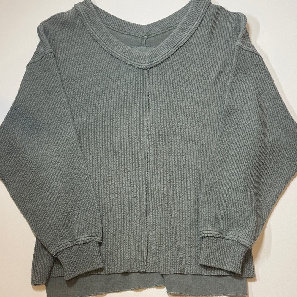 Aerie Washed Sage Green Waffle V‑Neck Pullover